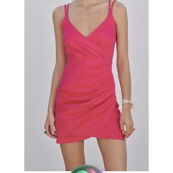 ZARA Pink Linen Faux Wrap Mini Dress Double Straps Tie Back Size XS NWT - Picture 2 of 8